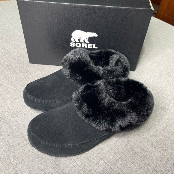 Sorel Go Coffee Run Slippers Black Suede Leather Fur Slip On Shoes NWT - Picture 9 of 16